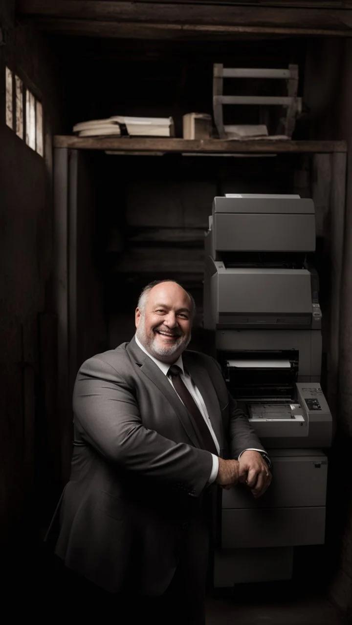 italian strong massive smiling big chubby 50 year old man in smart gray suit, manly chest, unbuttoned shirt, short beard, shirtless, printer in an old printing house, next to a huge old printer, dim light, side light, ambient occlusion