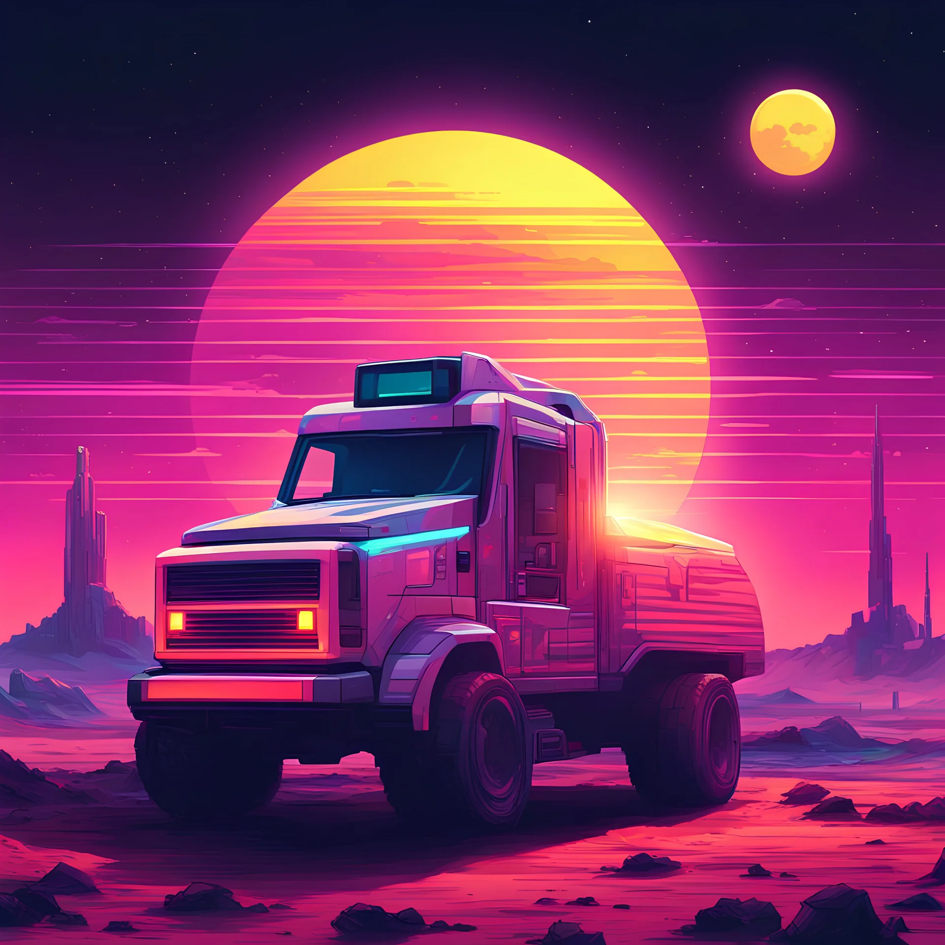 space truck from 1085, synthwave picture style with light pixel, the sunset on the horizon, with a big pixelated sun and a half moon
