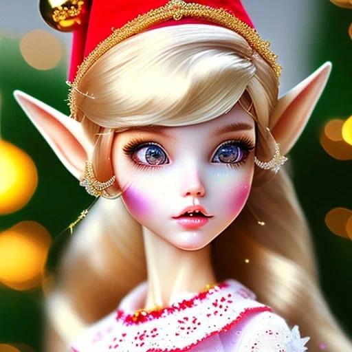 close up on elf as dollie deluxe, bright eyes, post card, toy train