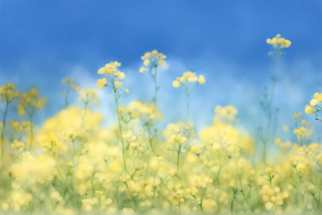 bottom half canola plants detailed, top half sky, watercolor illustration