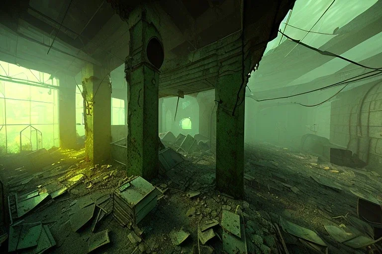 old mining shaft, post apocalyptic, run down, day time, destroyed buildings , unity, scriptable render pipeline ,green tone , lighting , volumetric , faded fog , global illumination