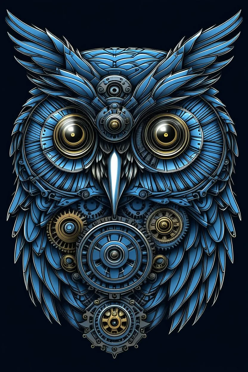 Portrait of an owl, steampunk, indigo blue, colorful, illustration, highly detailed, simple, smooth, and clean vector, no jagged lines, vector art, smooth, made all with grey colored gears inspired by future technology