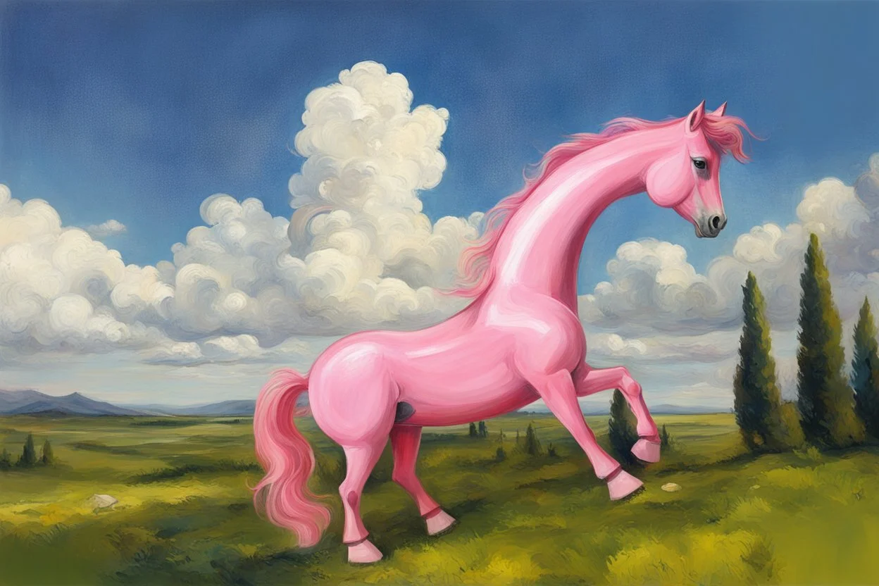 Big pink plastic toy horse.19th painting