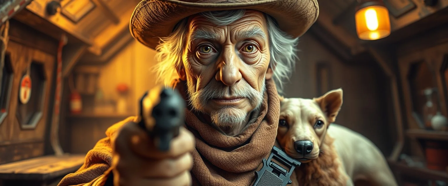 gritty air brush 3d with pen outline,seasoned handsome gunslinger western fluffy elder woman edgy hero with slightly glowing eyes and nudged dented skin in front of glistening space tardigrade dog, shallow depth of field, warm lantern, pin hole cam in darkened doll house space ship, bottom floor board edge border