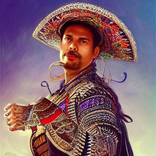 portrait,"Insanely detailed photograph of a spanish mariachi", highly intricate chainmail charo,colorful Sombrero,elegant, highly detailed D20, digital painting, artstation, concept art, smooth, sharp focus, illustration, art by artgerm and greg rutkowski and alphonse mucha, 8 k