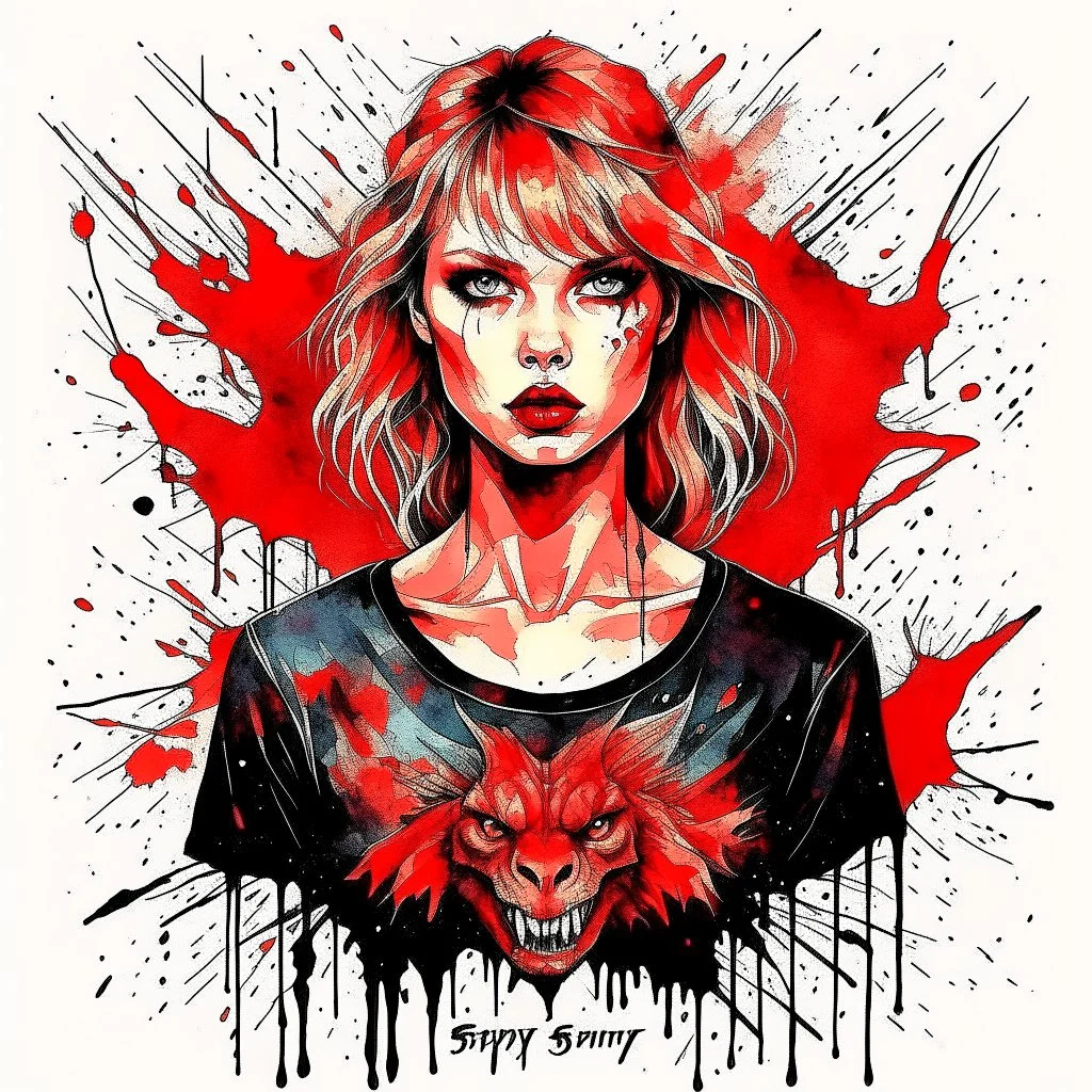 Taylor Swift as a sexy evil demon portrait || watercolor T-shirt art, minimalist, rich colors, sinister, by Zdzislaw Beksinski, by Carri Ann Baade, artistic diffusion, ink splatter.