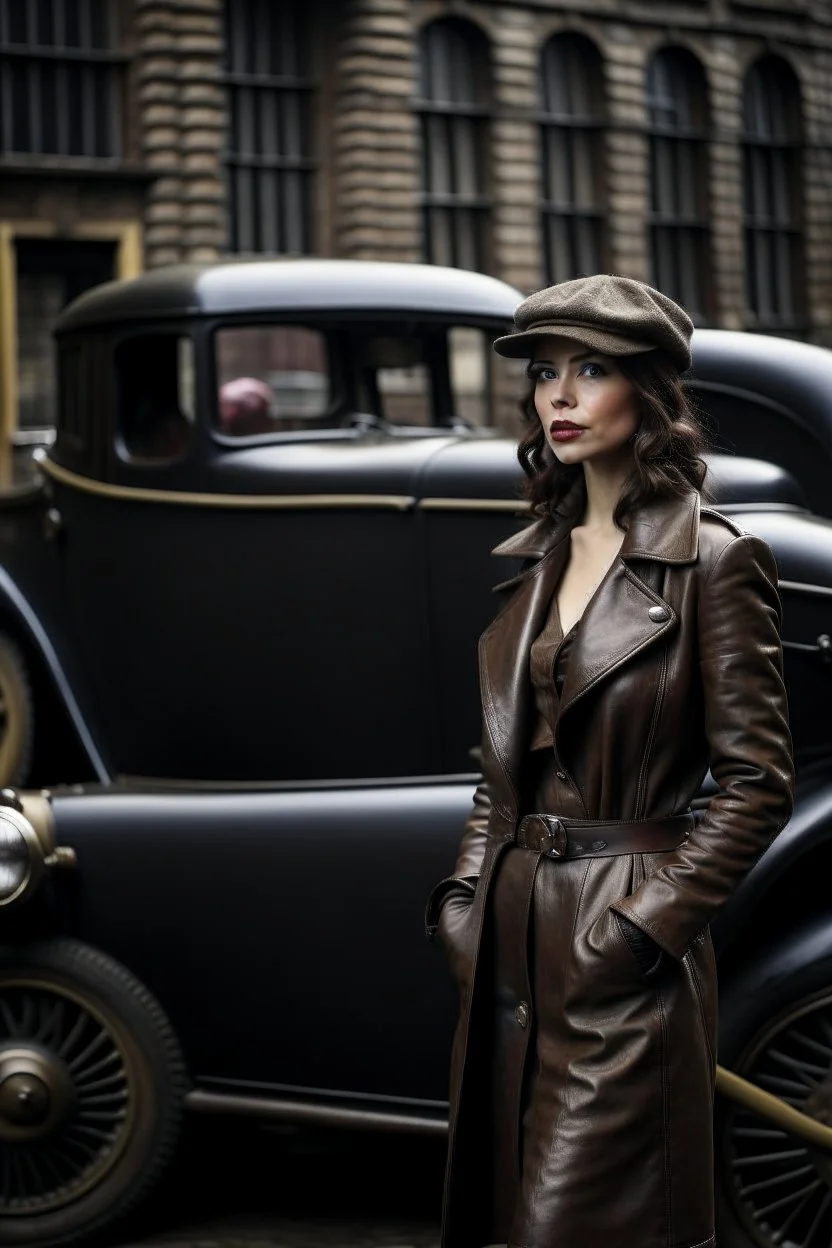 young woman with straight shoulder-length hair, dressed in brown leather trousers and waistcoat, leather gloves and a leather cap in an old industrial courtyard, next to a steampunk steam car