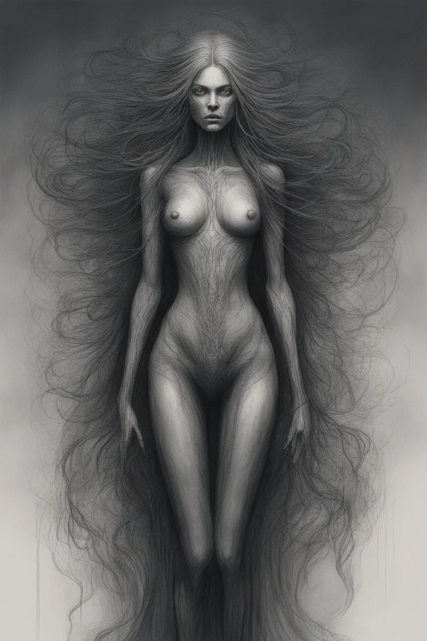 Drawing of a beautiful female with long hair in the style of Scorn, Giger, Beksinski, Leonardo da Vinci. Busch painting style nightmare, Full body.thin lines draw style