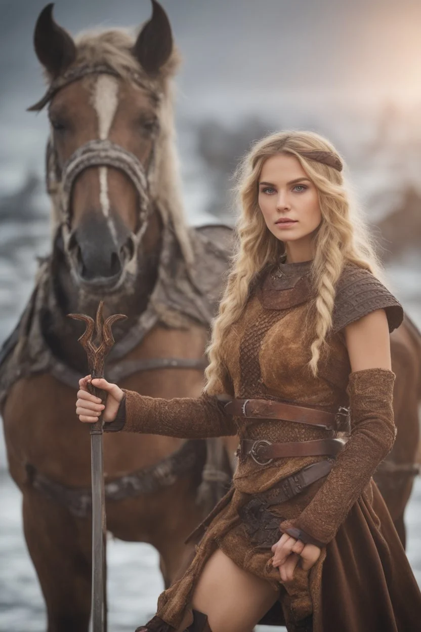 A beautiful woman with blond hair, viking braids Brown leather armor.