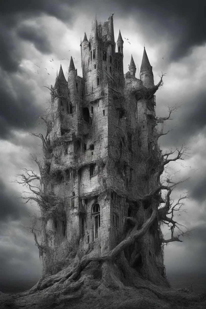 surrealis monochrome A fragmented, surreal sculpture liguid color of photorealistic image 3d,psychedelic art of an castle glossy emerging from dreamlike a crumbling building. The face appears pale with deep cracks and intricate details, evoking a haunting expression. Blackened tree branches intertwine with the gold mengkilat cracks, set against a backdrop of stormy, cloud-filled skies. bauhaus art The overall tone is dark and moody, suggesting themes of decay and transformation.