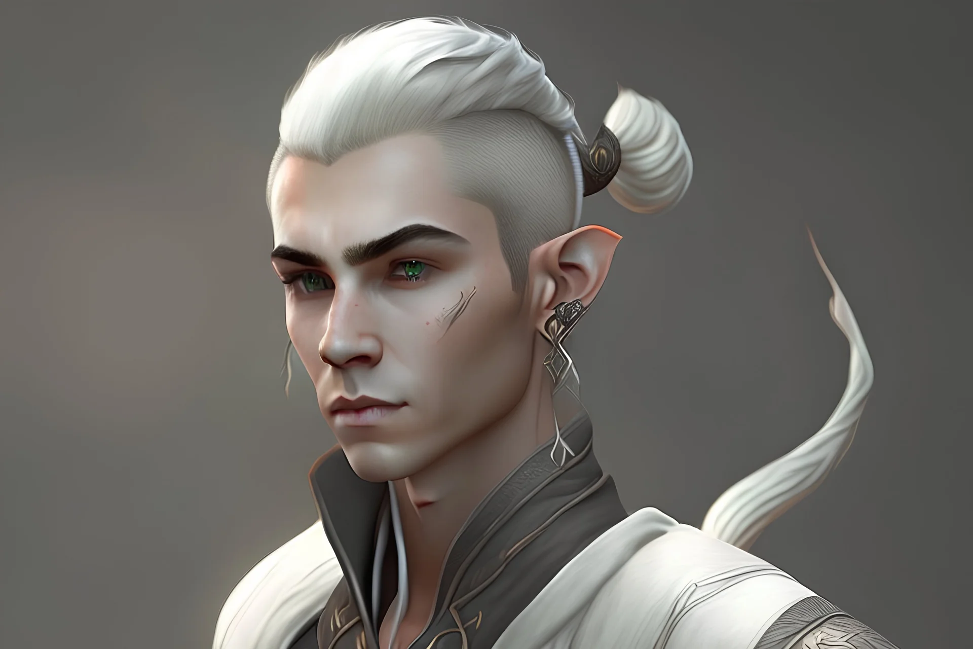 A Fantasy elf, a white masculine elf with black short hair tied up in a bun. Full body, HD