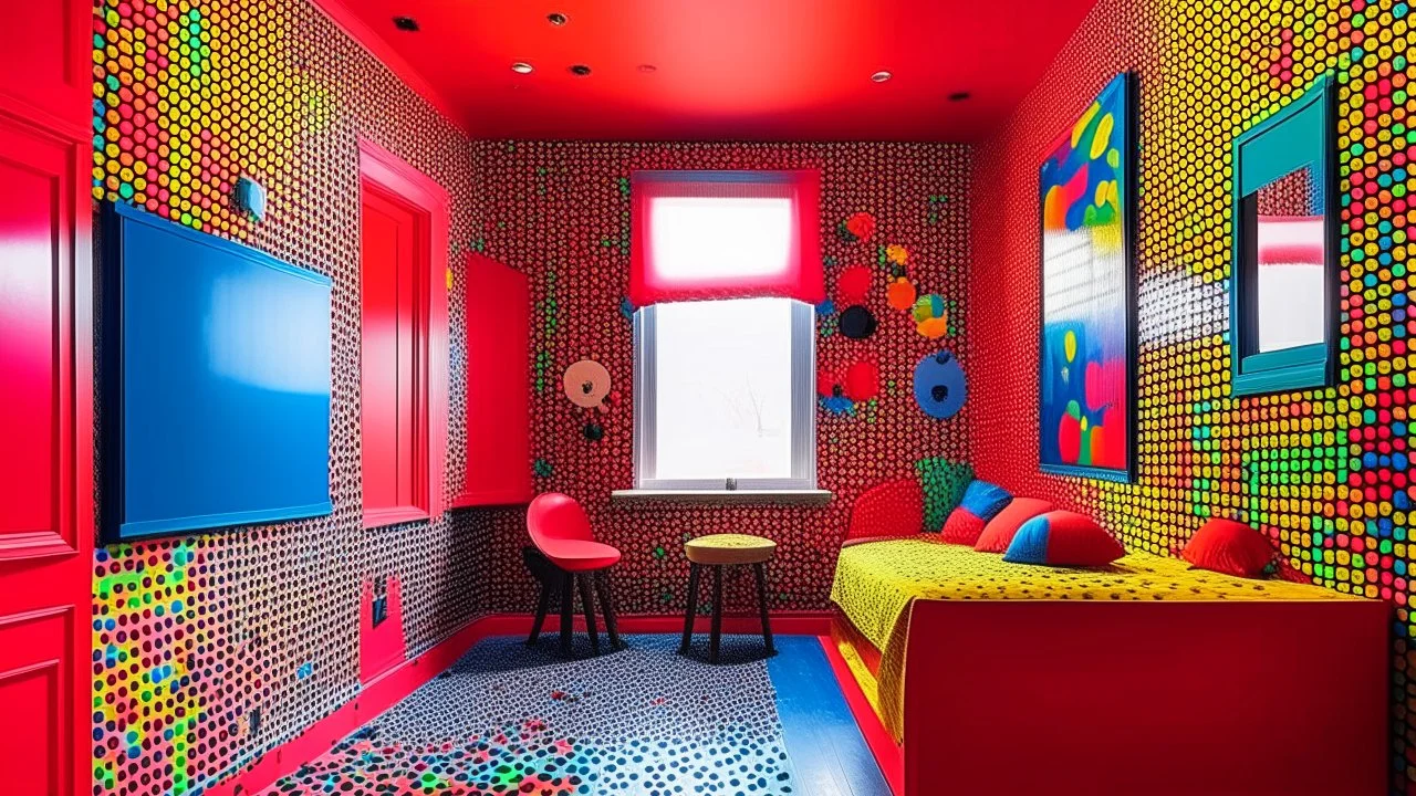 Una habitación con un perro y una ventana, inspirada en Yayoi Kusama, llena de lunares y colores vibrantes que te hacen sentir en un mundo de ensueño y fantasía.