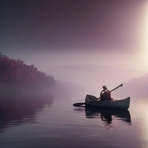 Charon in his boat on the river Styx, red black purple colours, 8k, high definition, fantasy art