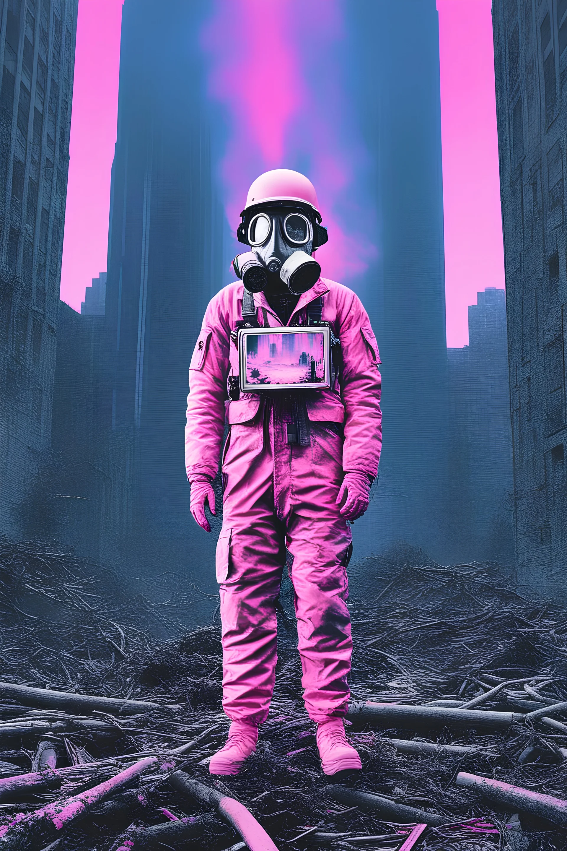 Retro VHS Glitch effect, Double-masking photography technique by: Jerry Uelsmann, combination printing, Bomb, Gas mask, Dead forrest, Futuristic Cityscape, by Jerry Uelsmann, Flying Debris, Explosive forces, Blue fire, monochrome and Pink effect, negative space, photoillustration, Vaporwave Aesthetics