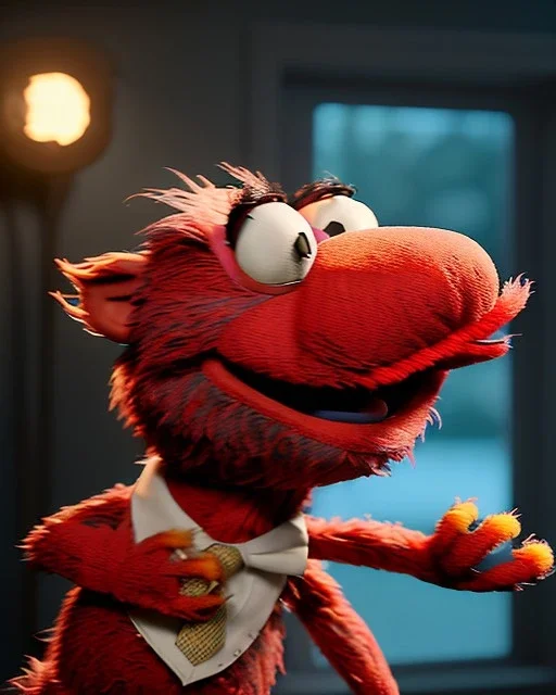 Realistic image, hybrid formed by simple Elmo muppet head and real human body, human arms and hands, Shirt and tie, concept art, smooth, unreal engine 5, god lights, ray tracing, RTX, lumen lighting, ultra detail, volumetric lighting, 3d, finely drawn, high definition, 4k.