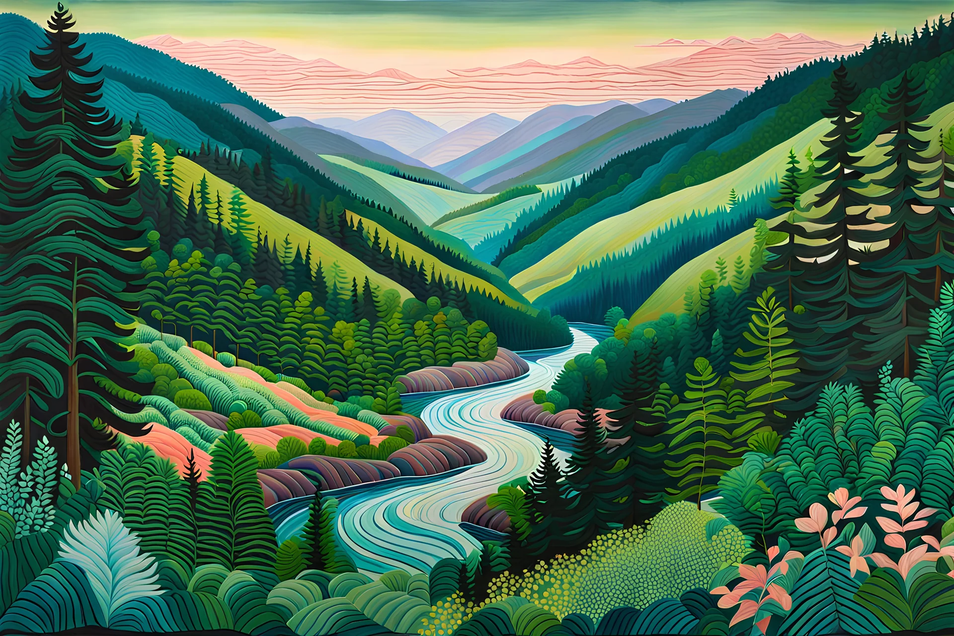 a dramatic, highly detailed painting of a lush Pacific Northwest forested river valley landscape in the pale light of dawn, in the style of David Hockney, and Sam Lewis Francis mixed with random Zentangle patterns, rich natural colors, museum quality masterpiece