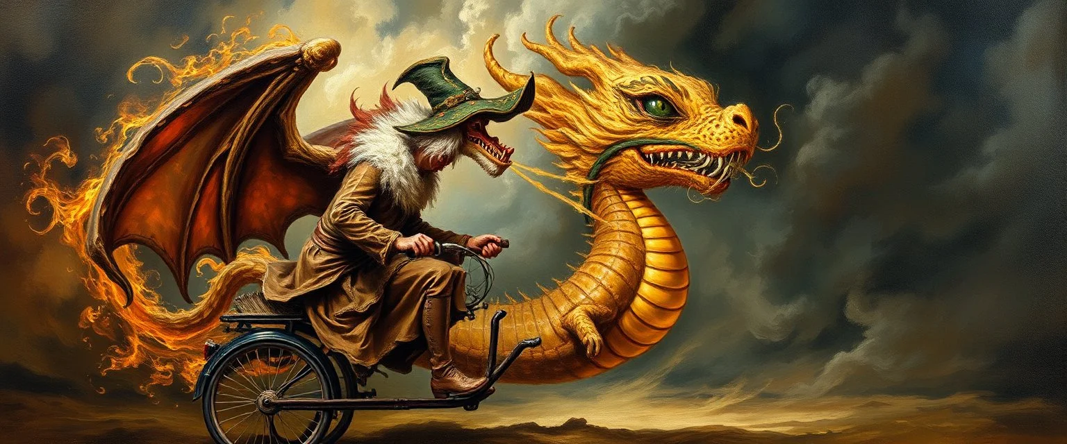 master oil painting by Rembrandt, magic trike man, the dragon potato