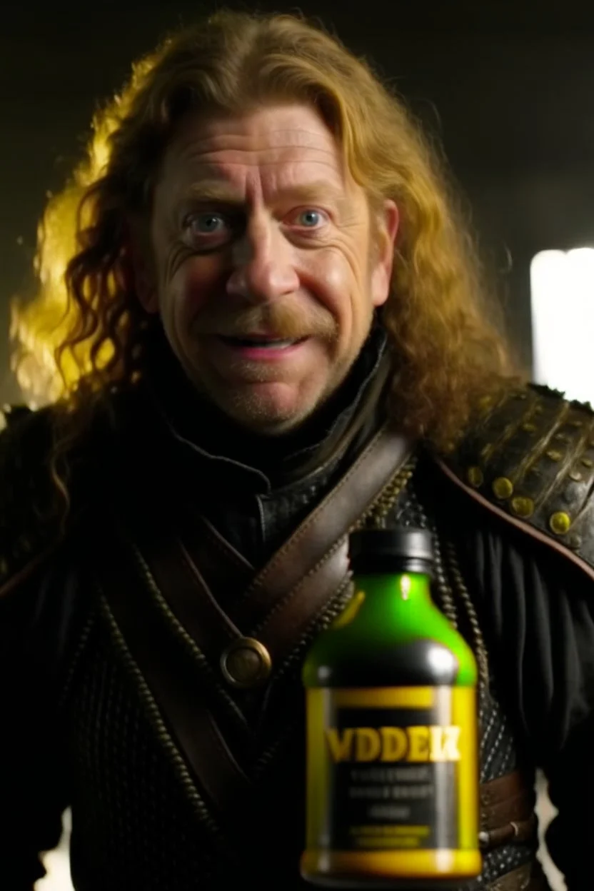 Mad-eye Moody with no skin on his face wearing leather armor, looking eager and excited, holding a windex spray bottle