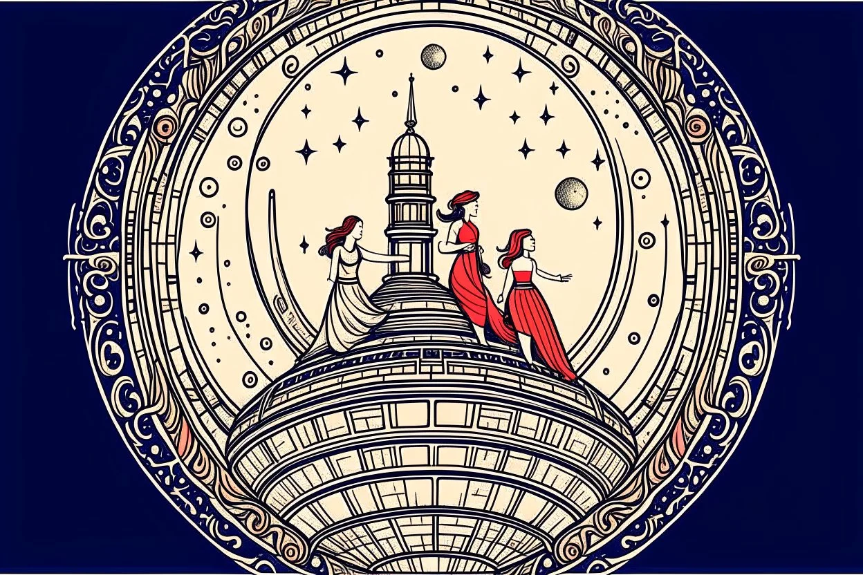 art nouveau style, people on top of a rocketship to the moon