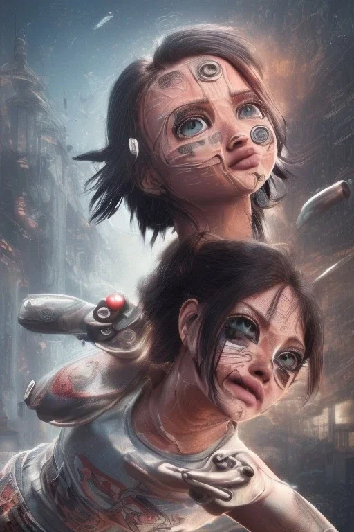 Alita battle angel, portrait from waist up, intricate eyeliner, vibrant eyeshadow, clear completion, soft lighting, 4k resolution, intricate details, insanely detailed, white tank top, vibrant Japanese style tattoo sleeve, colorful cityscape background, masterpiece, expert, cinematic smooth, retroanime style, realistic details