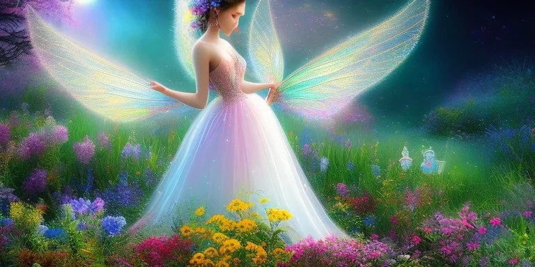 bright fairy, beautiful portrait, flowery landscape