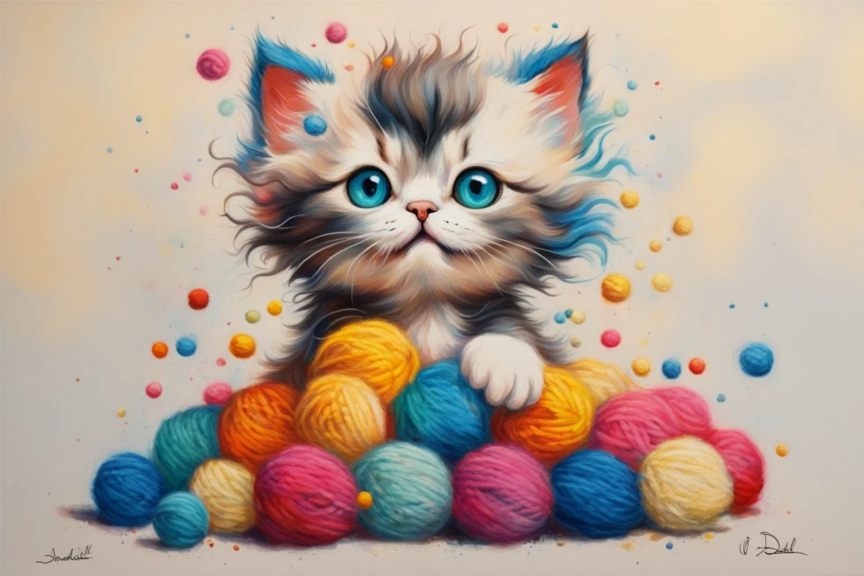 cute chibi kitten in colourful, soft cotton yarn balls in sunshine Weight:1 surrealism Salvador Dali matte background melting oil on canvas Weight:0.9