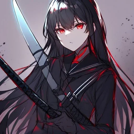 Clear focus, High resolution, Clear focus, high resolution, sketch line art, black sailor uniform, grey tights, black long hair, red glowing eyes, looking into stars at night, katana on waits, serious face expression, dead aura, (solo)