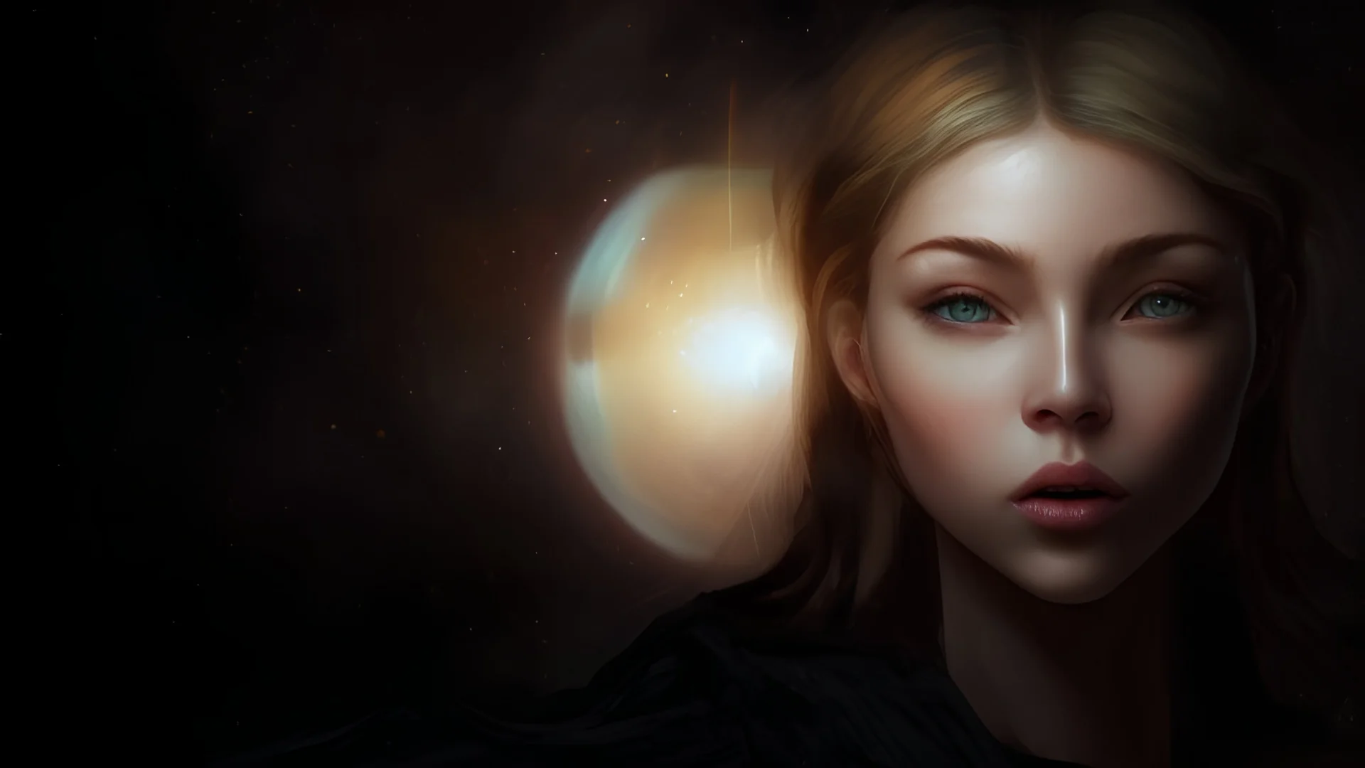 she is a beautiful young woman, she has a damaged left eye, she has blonde hair, she has malachite eyes, she is a noble woman, outlines a gentle look on her face, she wears a sundress with bare shoulders and abdomen, planets in the background, soft lighting, ultra realistic, 8k, impressive, she has a scarred left eye, true color, crying. 8k