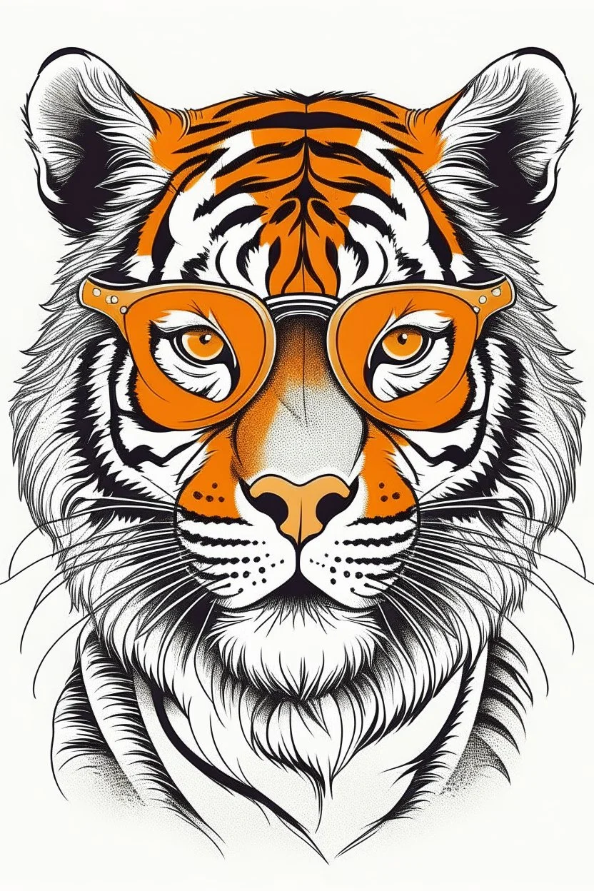 TIGER wearing sunglasses, Style: Retro 80s, Mood: Groovy, T-shirt design graphic, vector, contour, white background.