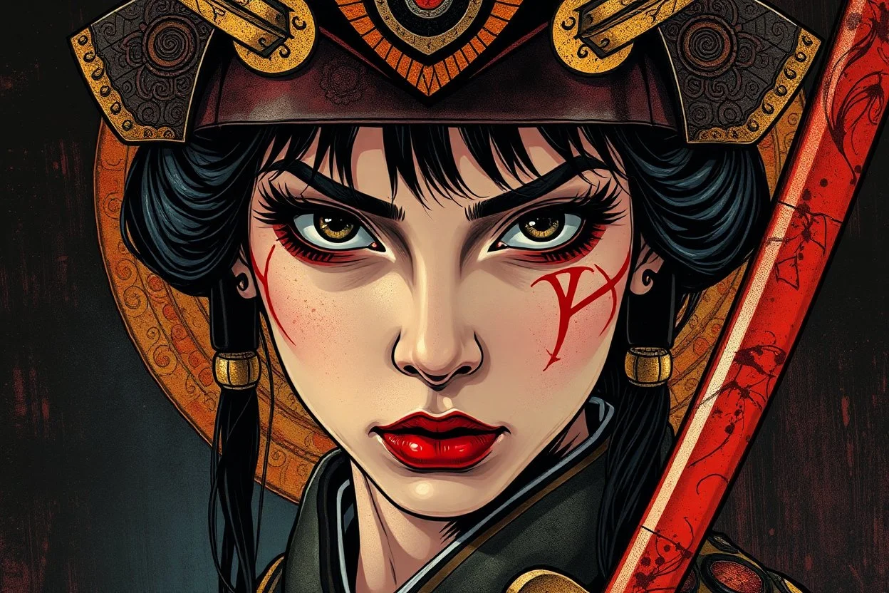 Portrait of a samurai girl with an obsessive, vengeful spirit in the style of Van Gogh, Gustav Klimt, and Kay Nielsen with a bold dramatic color scheme inked by Frank MIller