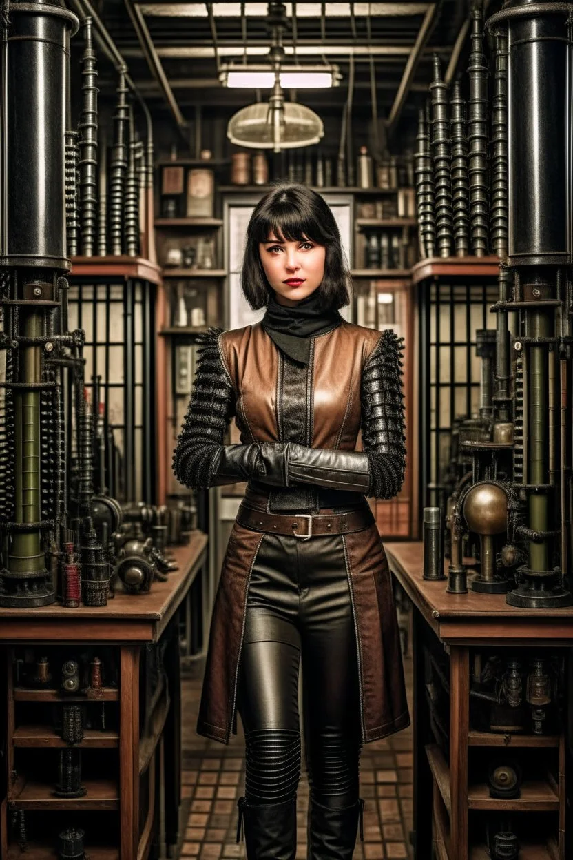 full-length pale dark-haired woman with a straight bob hairstyle with a fringe, in a steampunk leather outfit, and gloves, standing in a laboratory