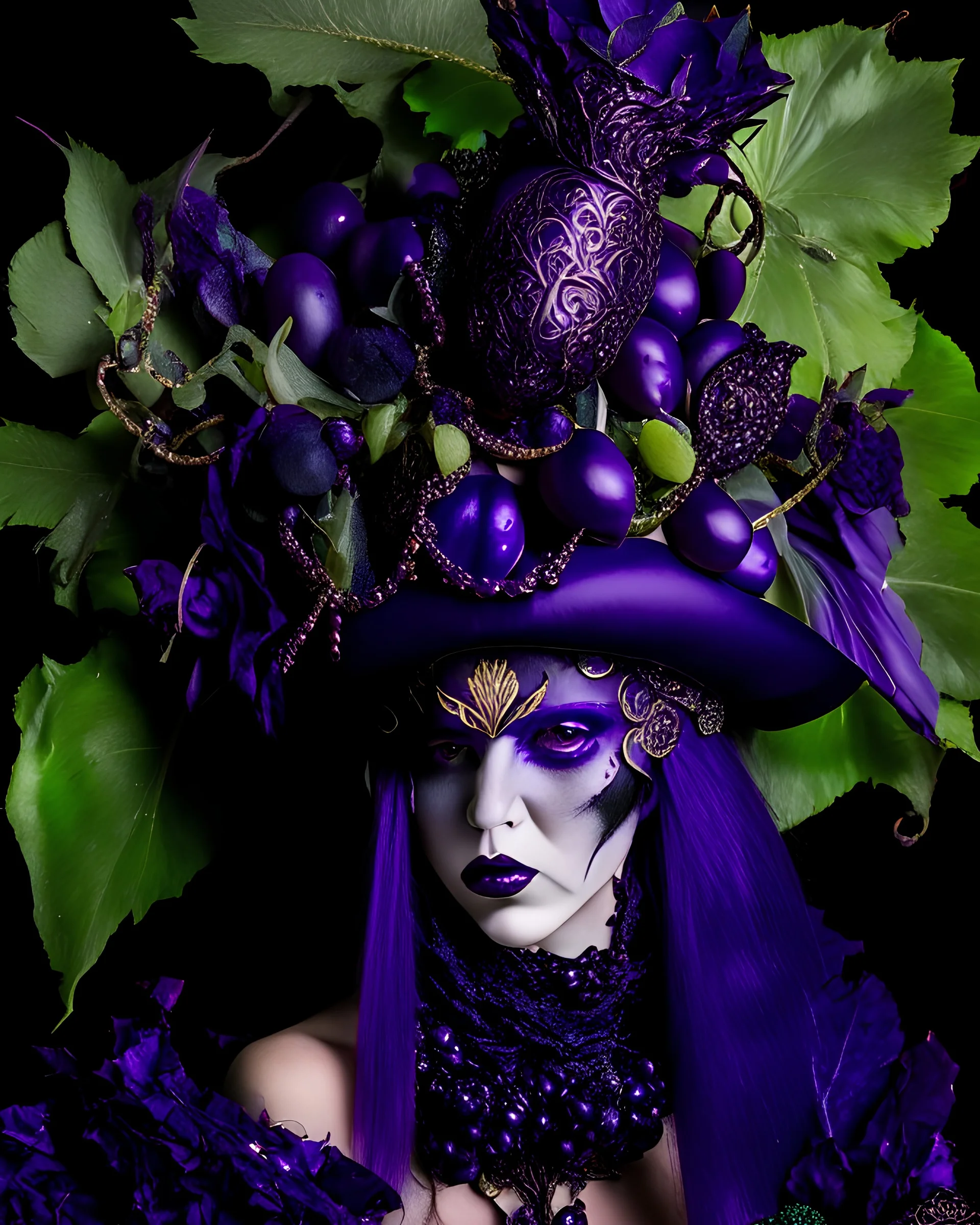 Venetian style voidcore shamanism eggplant vegeable and egplant veetables baroque woman. Portrait eggplant colour dee violex quartz filigree eggplant dark sell colour gradient and shiny glittering eplat headdress hat adorned with Venetian palimpsest eggplant veetables r and glitered petals tabby leaves and eggplant vegetable deep violet and wite and dark green rridescent gradient aand bioluminescense dark. Purple venetian Style Golden white k colour masque ribbed with Golden eggplant metallic ba