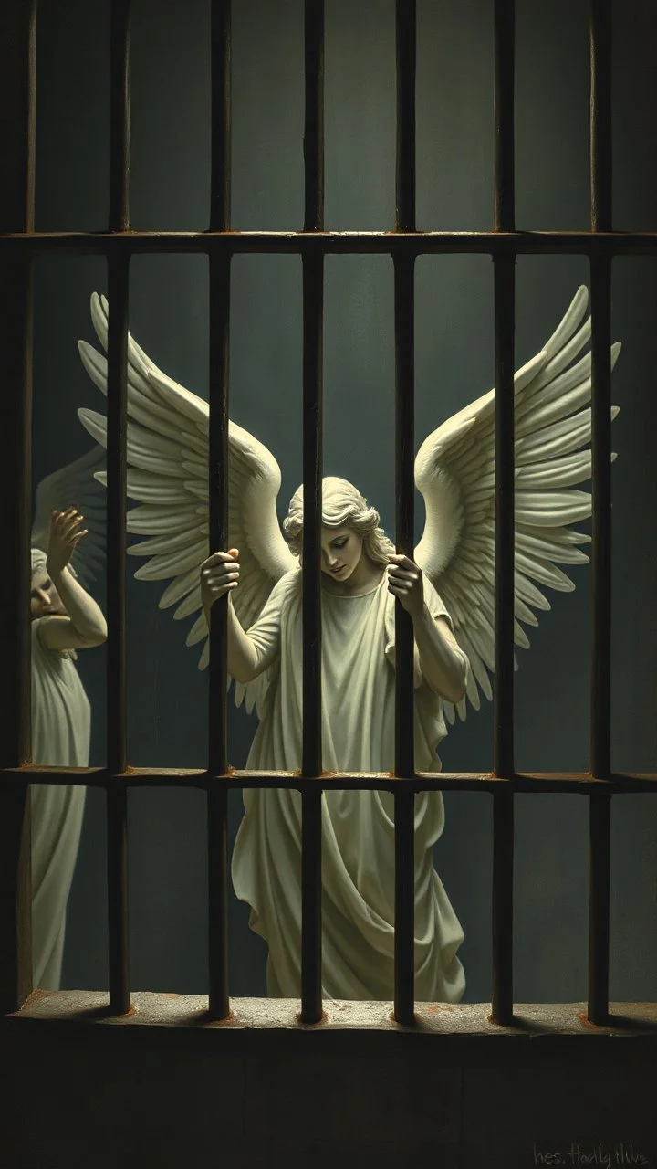Bosch painting style nightmares, a beautiful all white angels locked behind bars , in dark prison environment with dim lights like 1800 prisons .