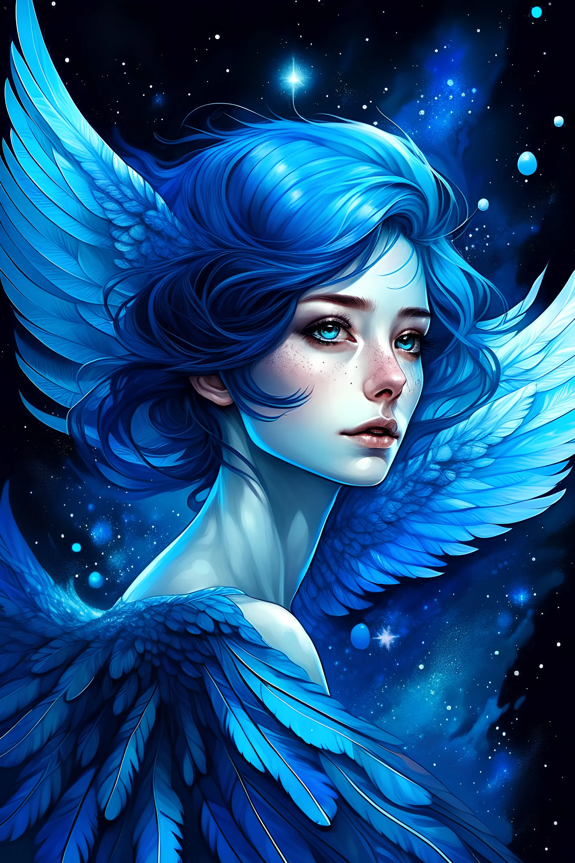 woman with blue wings in space, in the style of the stars art group (xing xing), detailed character illustrations, victorian-inspired illustrations, iridescence/opalescence, detailed facial features, luminous color palette, commission for