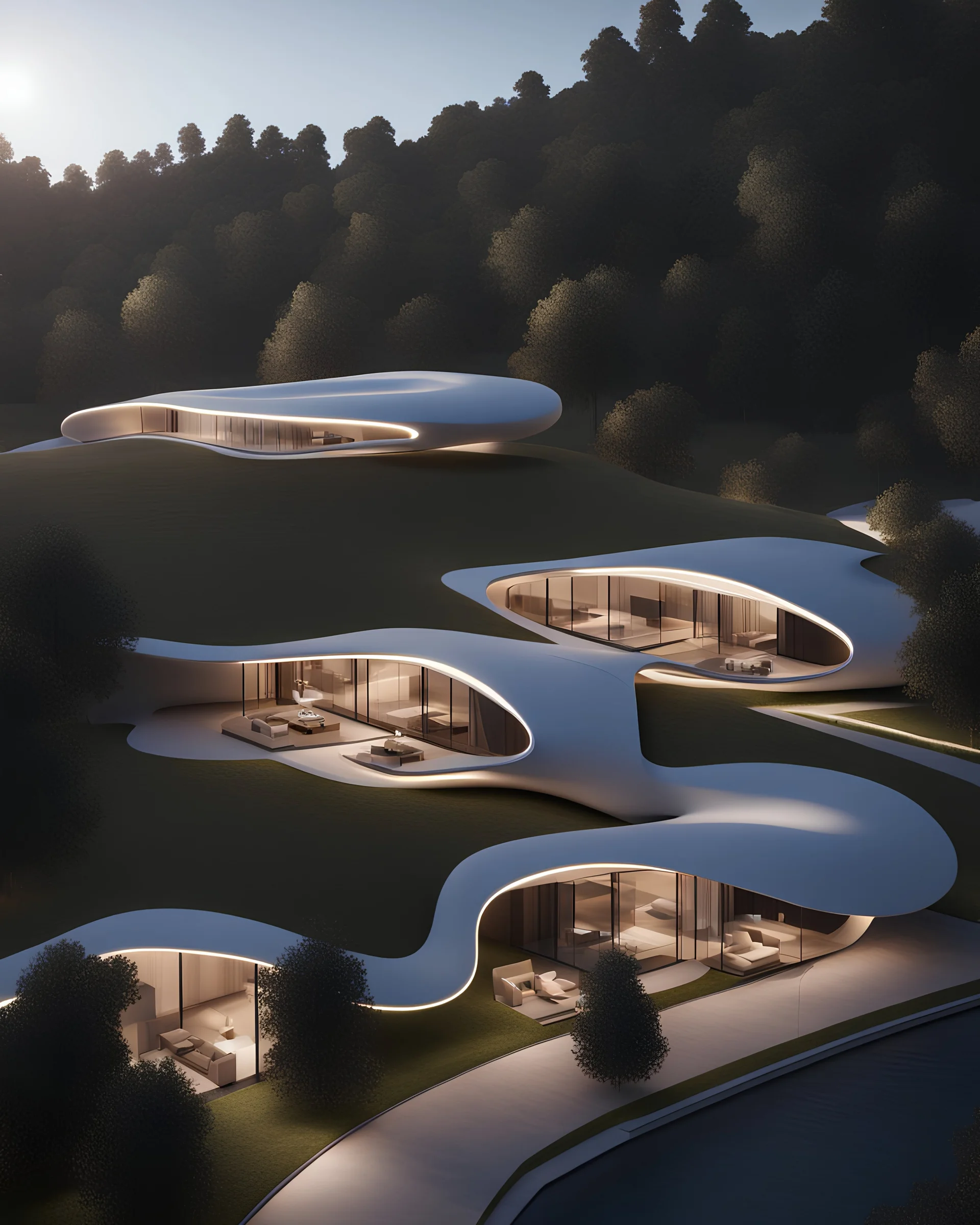 Zaha Hadid style country house, aerial view, unreal engine 5, concept art, art station, god lights, ray tracing, RTX, lumen lighting, ultra detail, volumetric lighting, 3d