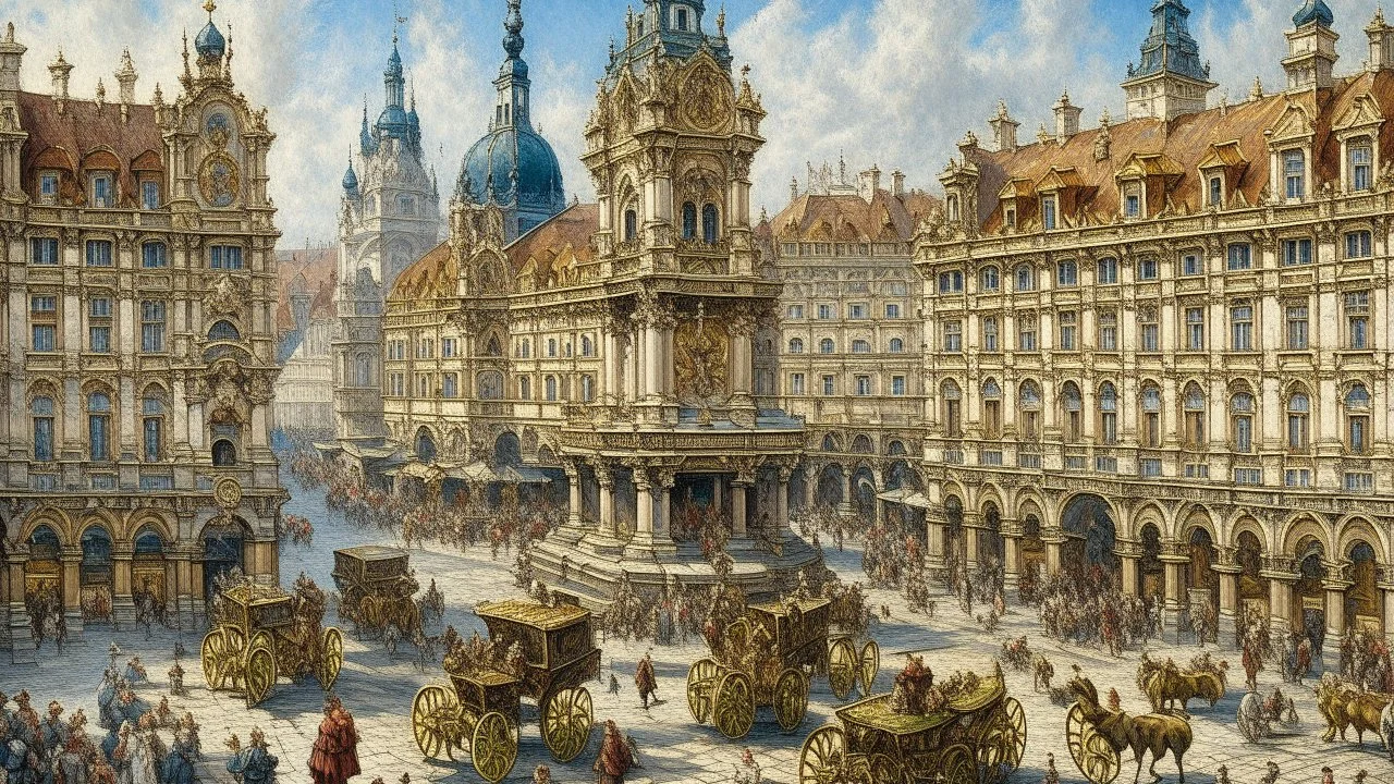 Image is a detailed oil painting depicting a bustling city square, likely from the Baroque period, characterized by its grand architectural style. The layout features a wide, open plaza with a large, ornate fountain at the center, surrounded by numerous horse-drawn carriages and people. The buildings lining the square are multi-storied with intricate facades, including columns and arched windows. A prominent dome and several bell towers rise in the background, adding to the grandeur of the scene