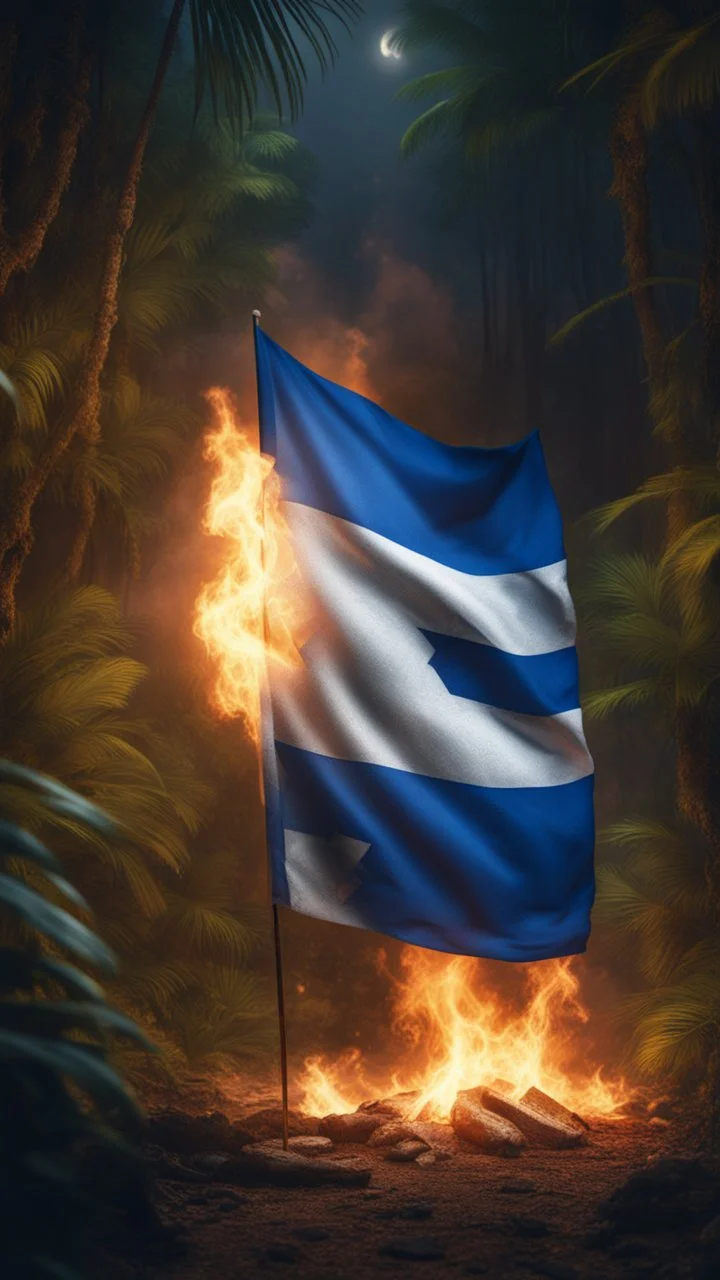 Hyper realistic burning israel flag at night in a jungle