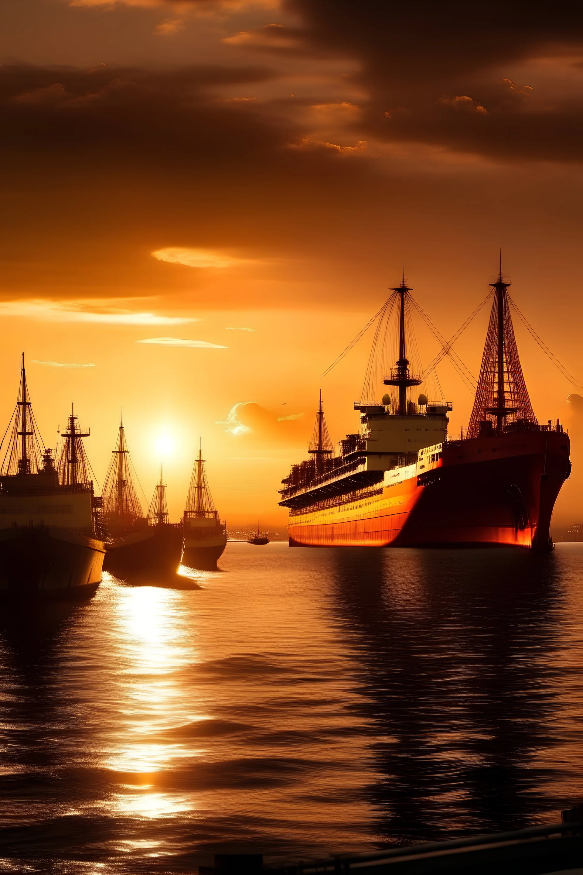 Barcos arribando a un puerto industrial en un atardecer veraniego con un estilo de Benito Quinquela Martín