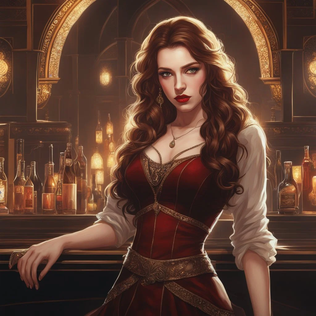 An Arrogant-Looking Young Woman With Pale Skin, Red Eyes, And Long Brown Hair. In a nightclub. High Definition, Greg Rutkowski, 8k Resolution, Intricate Details