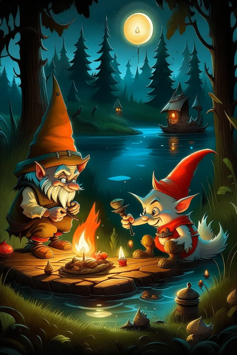 a gnome and a goblin eating in front of a fish fire, riverbank, night, moonlight, figure with fox mask behind