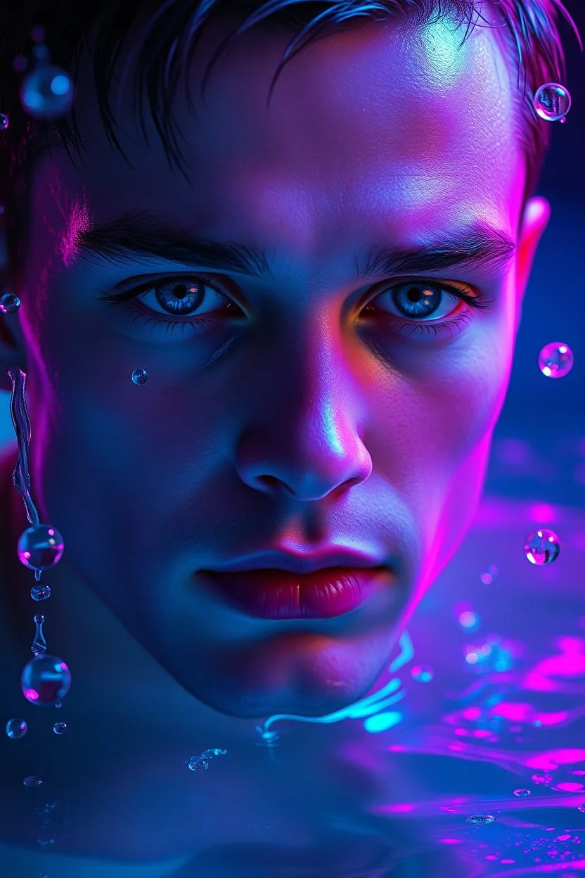 A hyper-realistic cyberpunk portrait of a young man emerging from neon-lit water, droplets suspended in mid-air around his face. His intense blue eyes pierce through the scene, with sharp shadows and glowing highlights reflecting off his wet skin. The lighting is a dramatic blend of electric blue and vibrant magenta, casting a futuristic glow across his face. The atmosphere is tense and cinematic, as if captured in a sci-fi thriller, with ultra-high detail, photorealistic textures, and a sense o