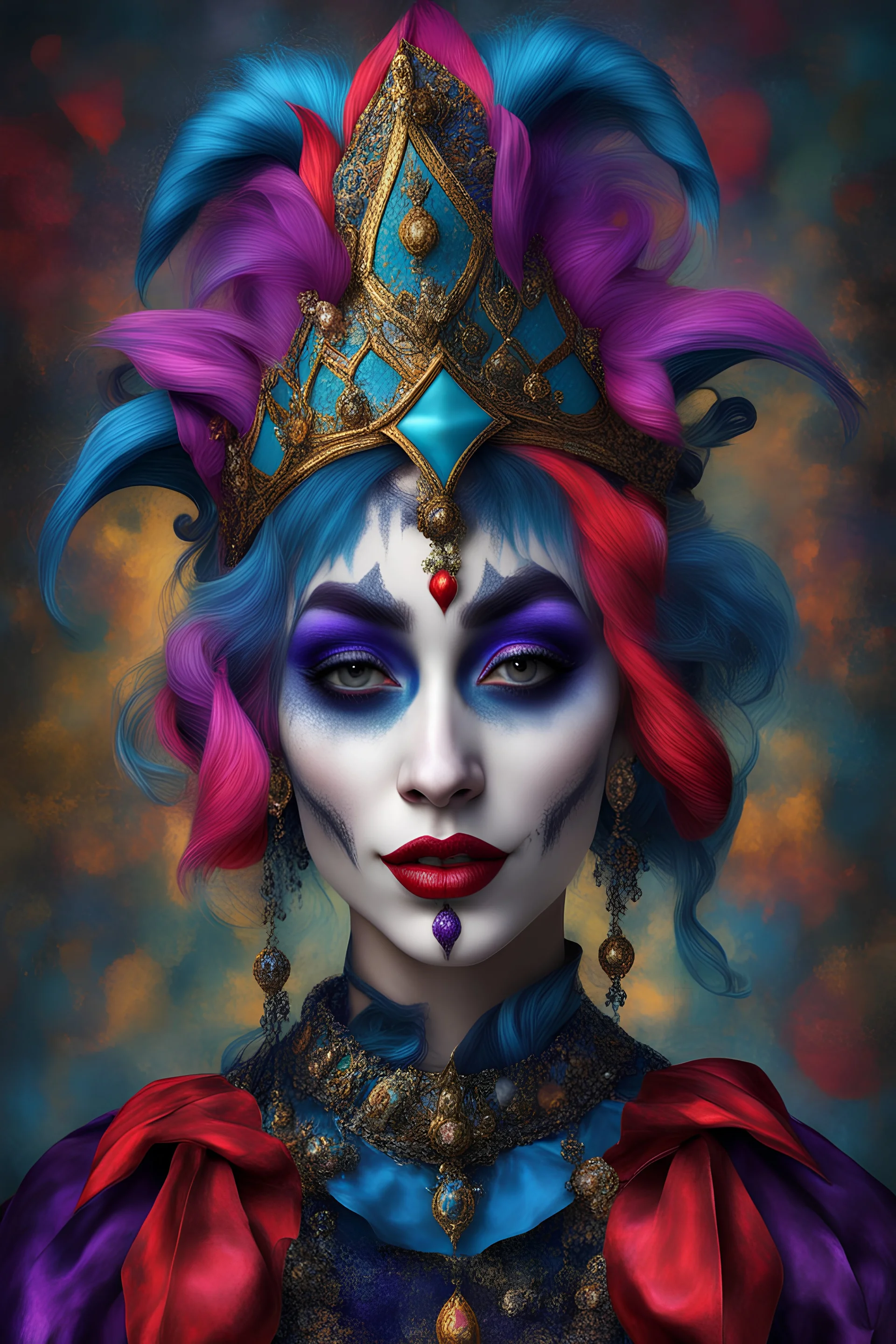 Create a 10d render masterpiece photorealistic hyperealistic image of a gothic goddess jester. Surreal Expressionism. Vibrant multi colours.