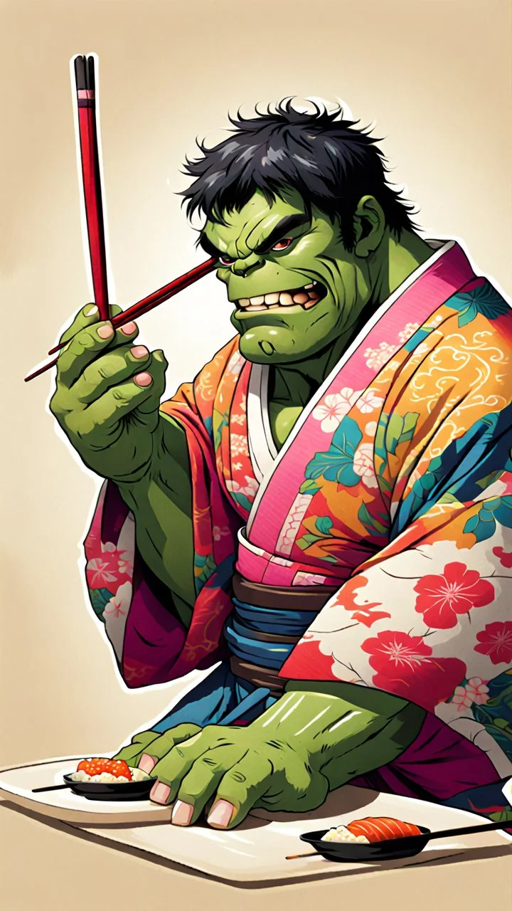 a hulk eating sushi with chopsticks, wearing a colorful kimono, 8