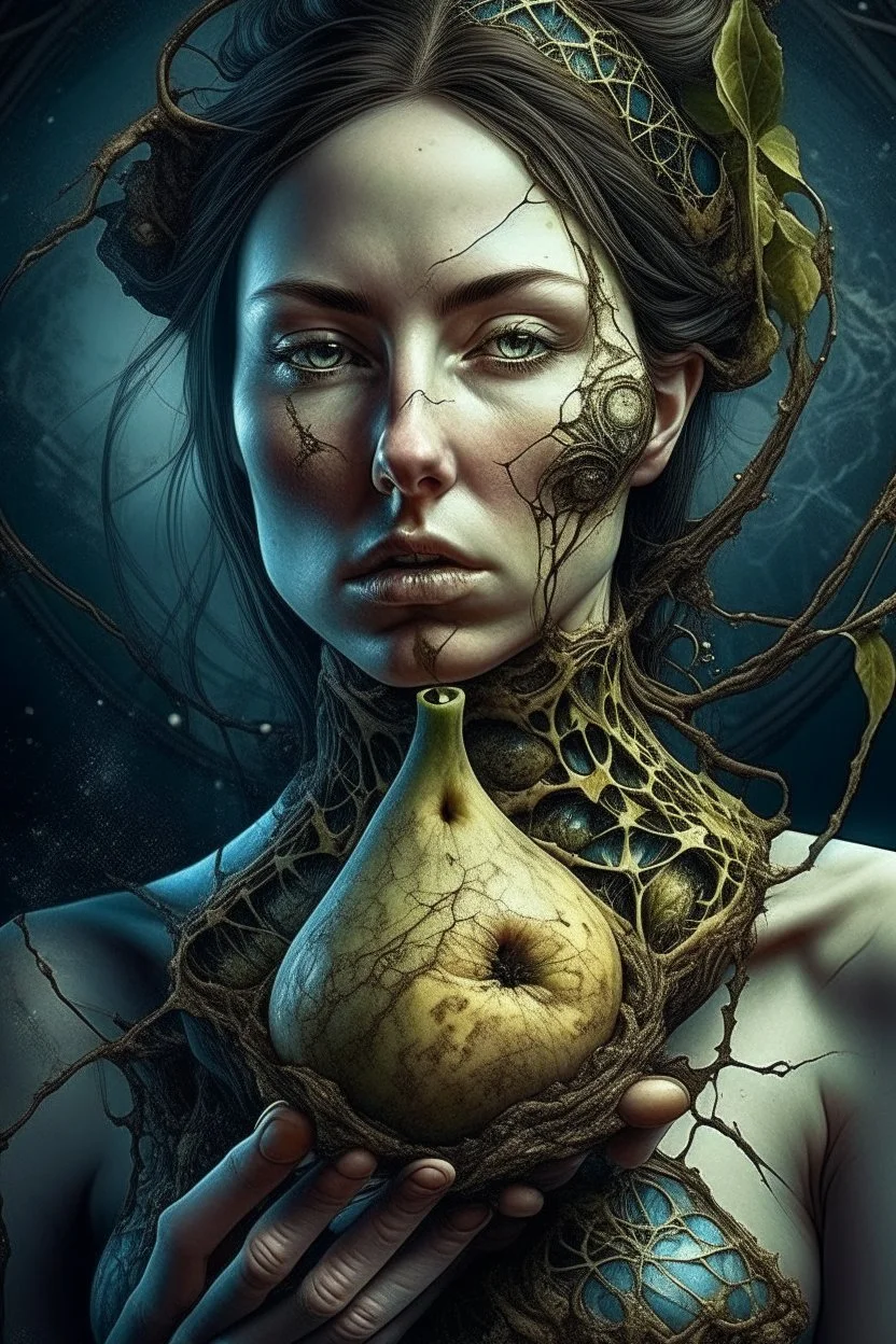 Grunge, woman as a decaying dried out Pear intricately showing its internal structure and seeds, cyberpunk, ultra unique natural textures, slight imperfections, vray.