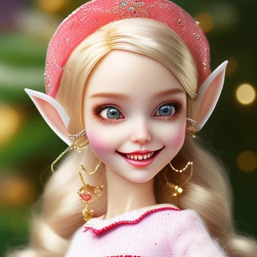 close up on elf as dollie deluxe, bright eyes, post card, toy train, two big front teeth