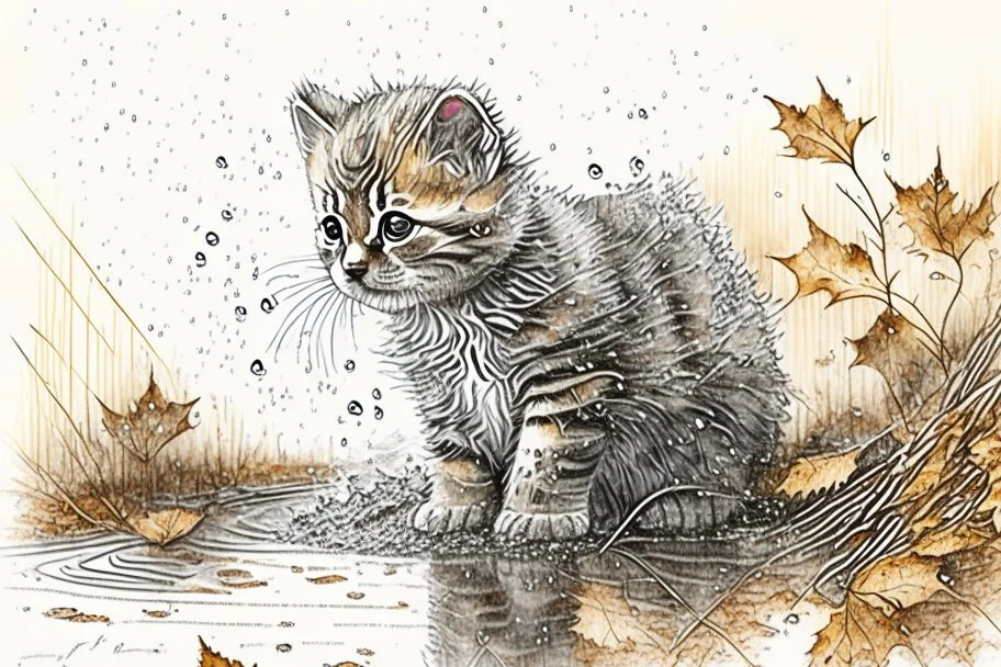 Cute soft contented kitten sweeping autumn leaves from the dirt road in the forest, reflecting water, misty morning sky, intricate zentangle, muted colours, employ golden ratio, elegant, intricate, very beautiful, high definition, hdr, pencil sketch, ultra realistic, ink, wet on wet watercolor, sparkling background