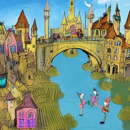 A magical canal city of wizards, witches and warlocks with a castle Quentin Blake style