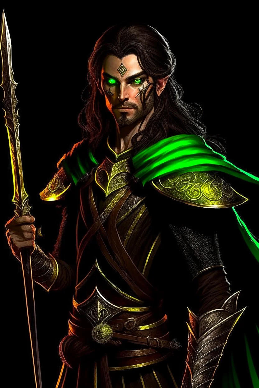 full length, mantle, black background, black with, holding a spear in his hand, dark green eyes, the character is not too close to the camera