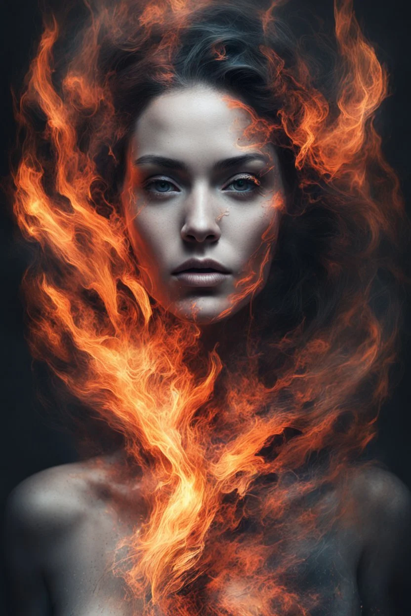 An abstract and captivating digital artwork featuring a portrait of a woman with burning edges