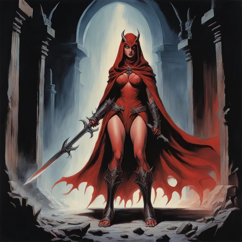 [art by Russ Meyer] Deep within the forsaken crypts, The Demon’s Warden stands as the final barrier between darkness and ruin. Clad in unholy armor, her crimson cloak billows through the dank corridors, her twin blades gleaming with the light of long-forgotten power. Before her, a swarm of feral demons snarls and claws, but they dare not advance. Her helm, adorned with the curved horns of a conquered beast, hides the scars of a thousand battles. She is the keeper of this ancient prison, cursed t